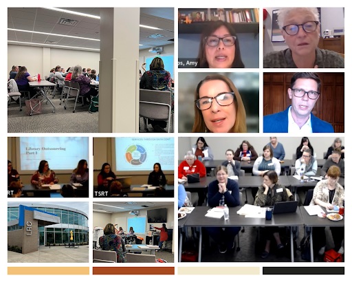 A photo collage of people attending the event. People in person are sitting at desks watching a speaker give a presentation. People on a virtual call are shown interacting with each other.